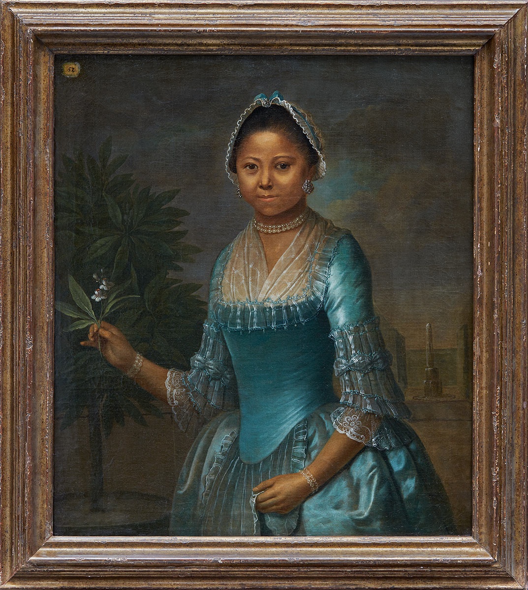 Portrait of Eleonora Susette in blue dress, painted in 1775 and now attributed to Jeremias Schultz.