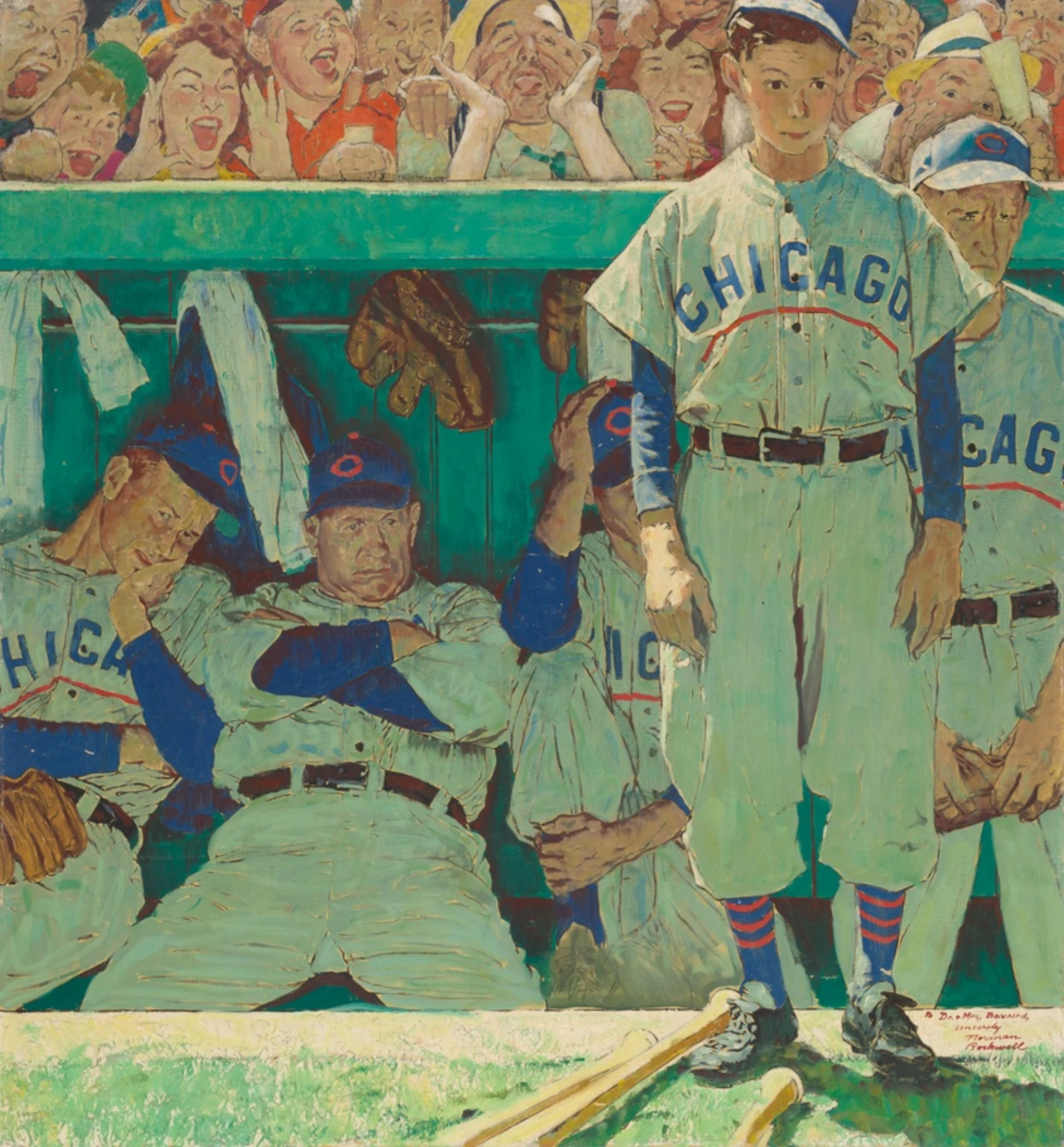 Norman Rockwell painting The Dugout depicting Chicago Cubs players in the dugout.