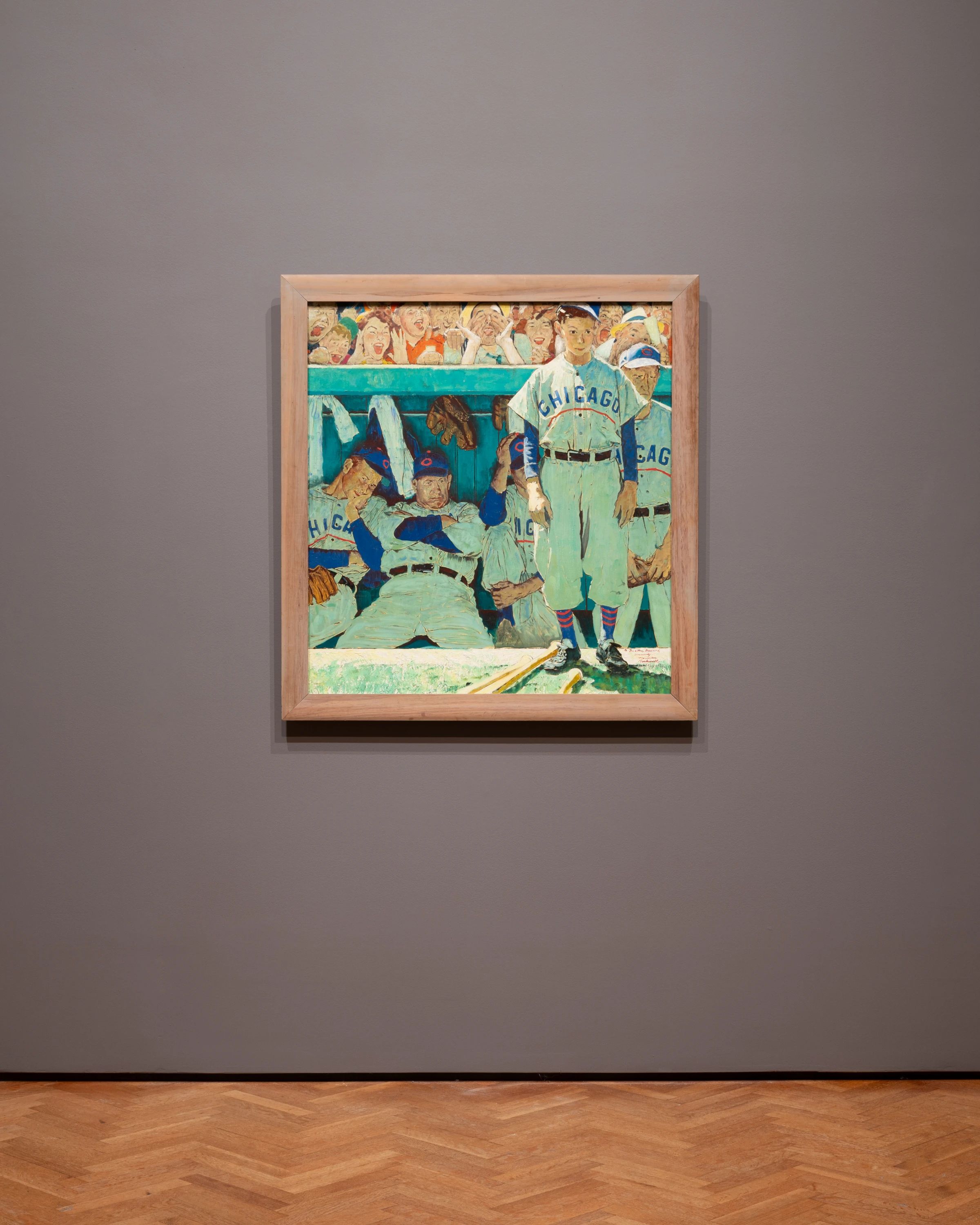 Norman Rockwell’s painting The Dugout showing Chicago Cubs players seated on a bench.