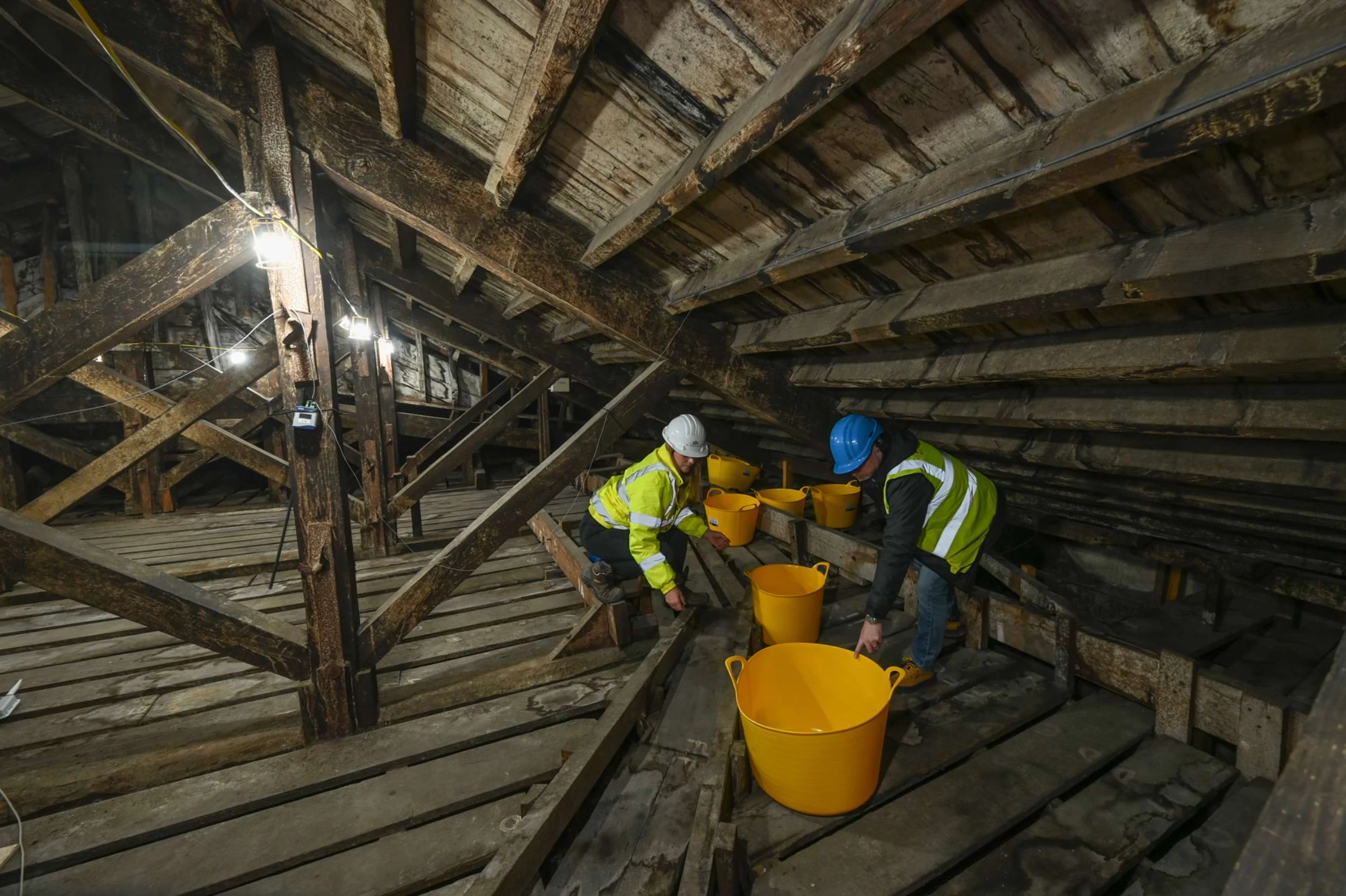 Stone sculptures and chimneys across the roofline of Blenheim Palace during conservation works.