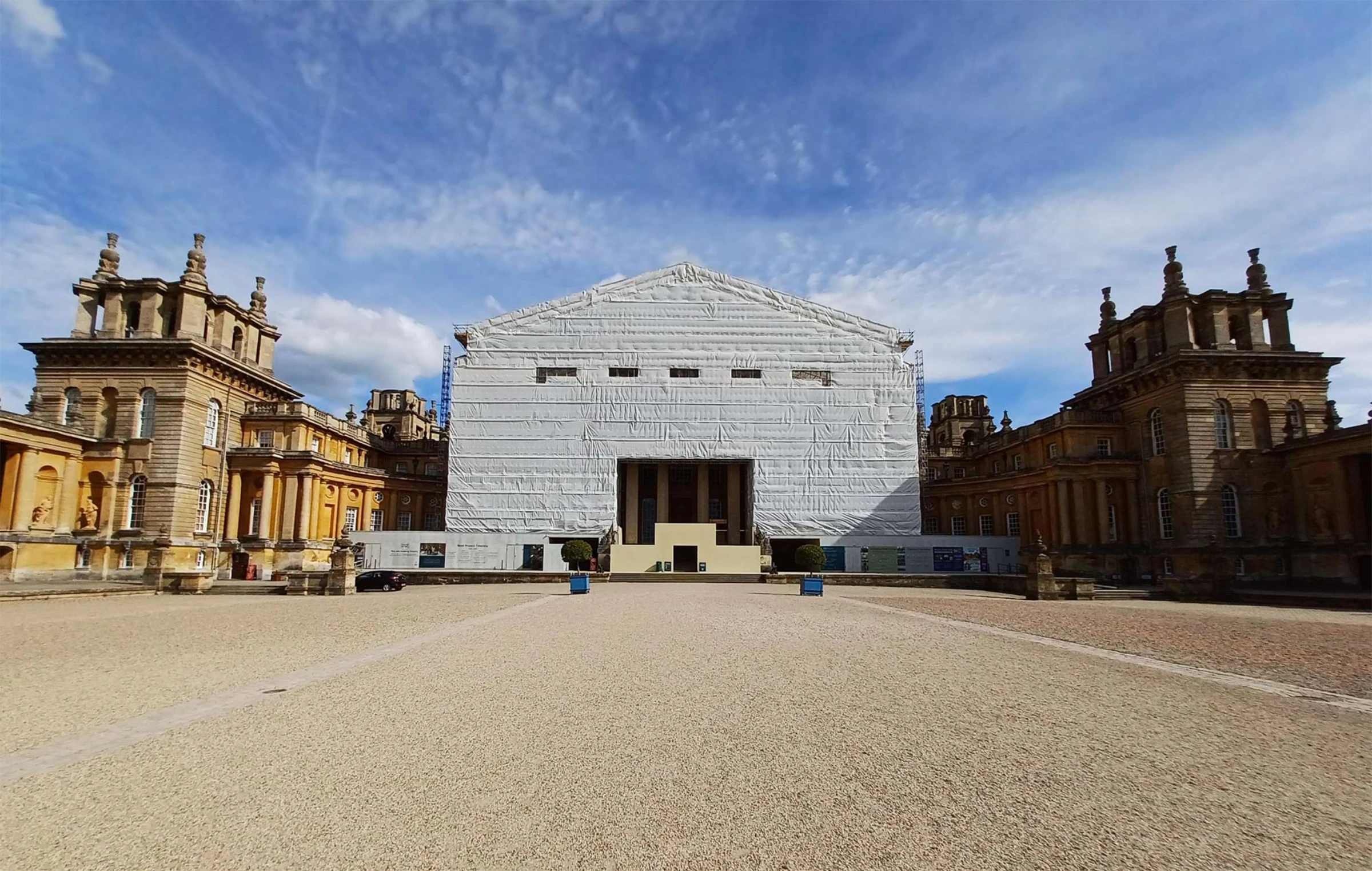 Blenheim Palace roof conservation area with protective hoarding and restoration works.
