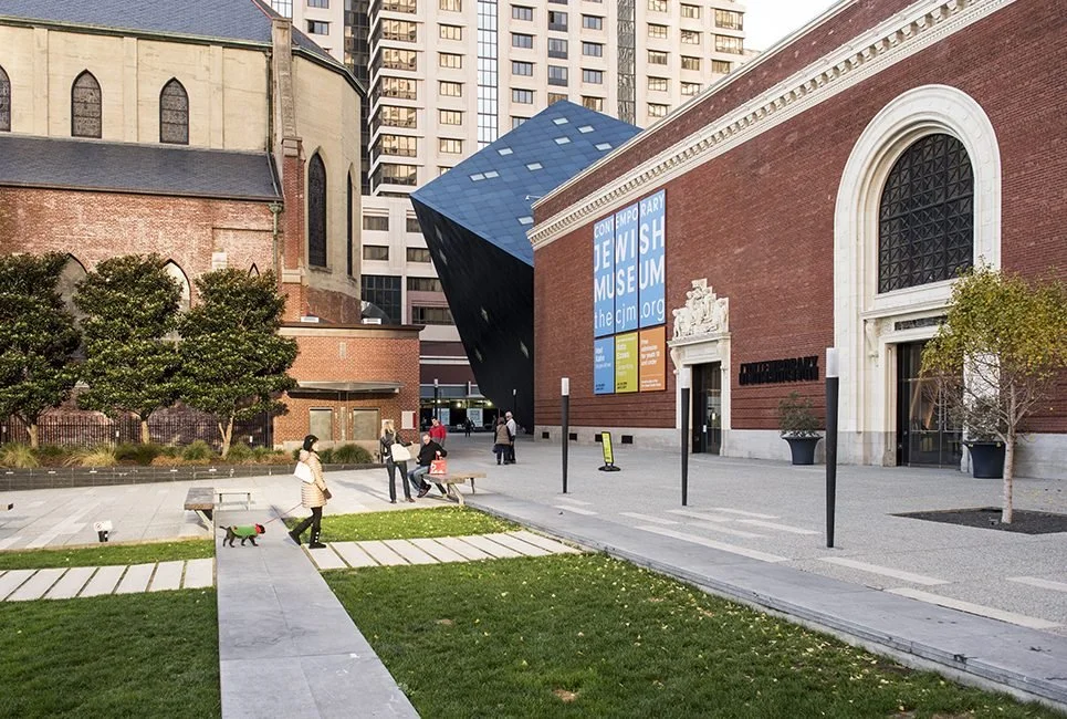 Exterior view of the Contemporary Jewish Museum’s blue steel and brick architecture in San Francisco, designed by Daniel Libeskind.