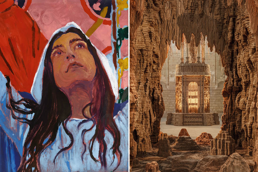 Portrait of artist Claire Tabouret standing in front of one of her paintings.