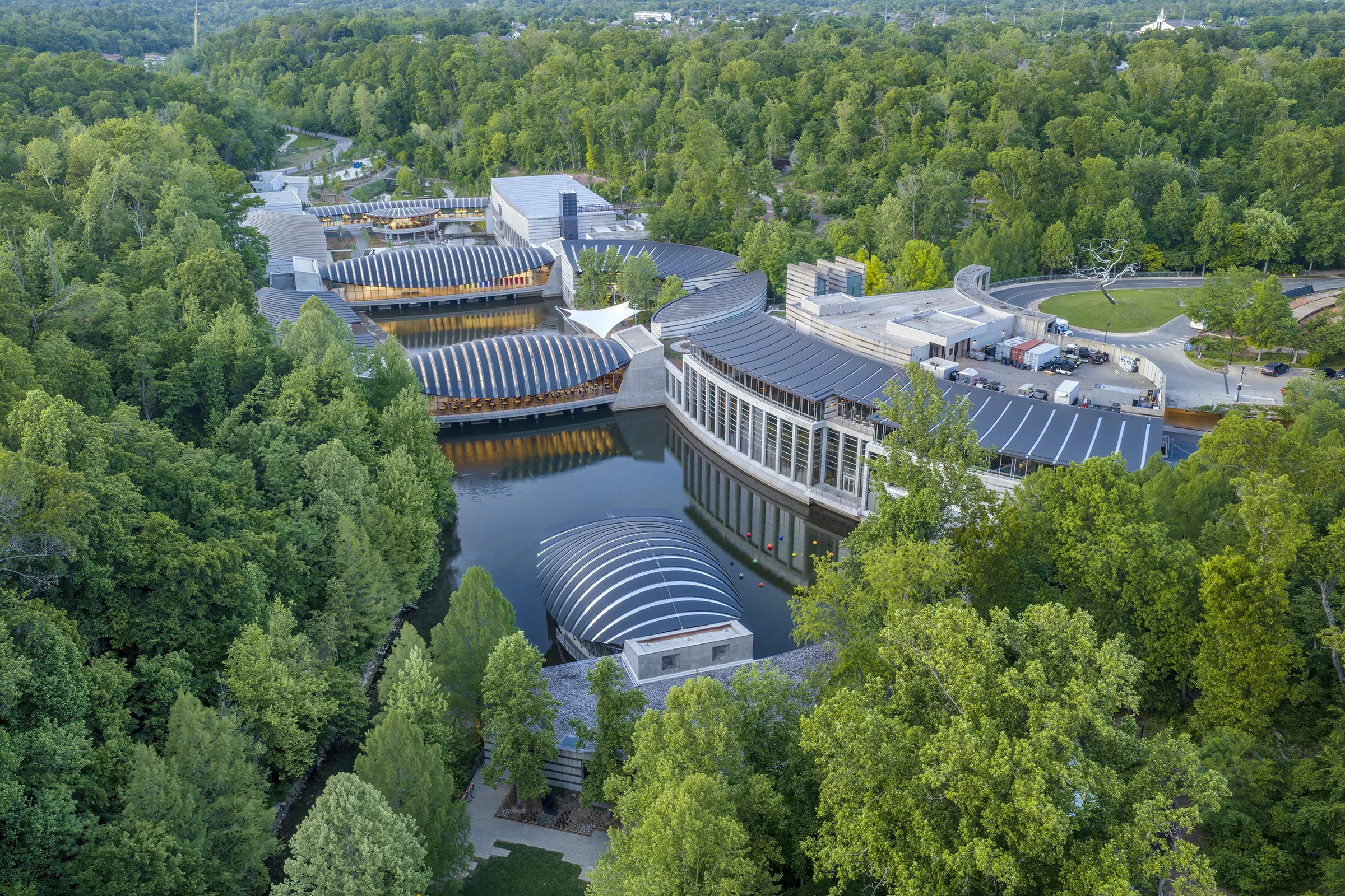 Aerial view of Crystal Bridges Museum of American Art in Bentonville