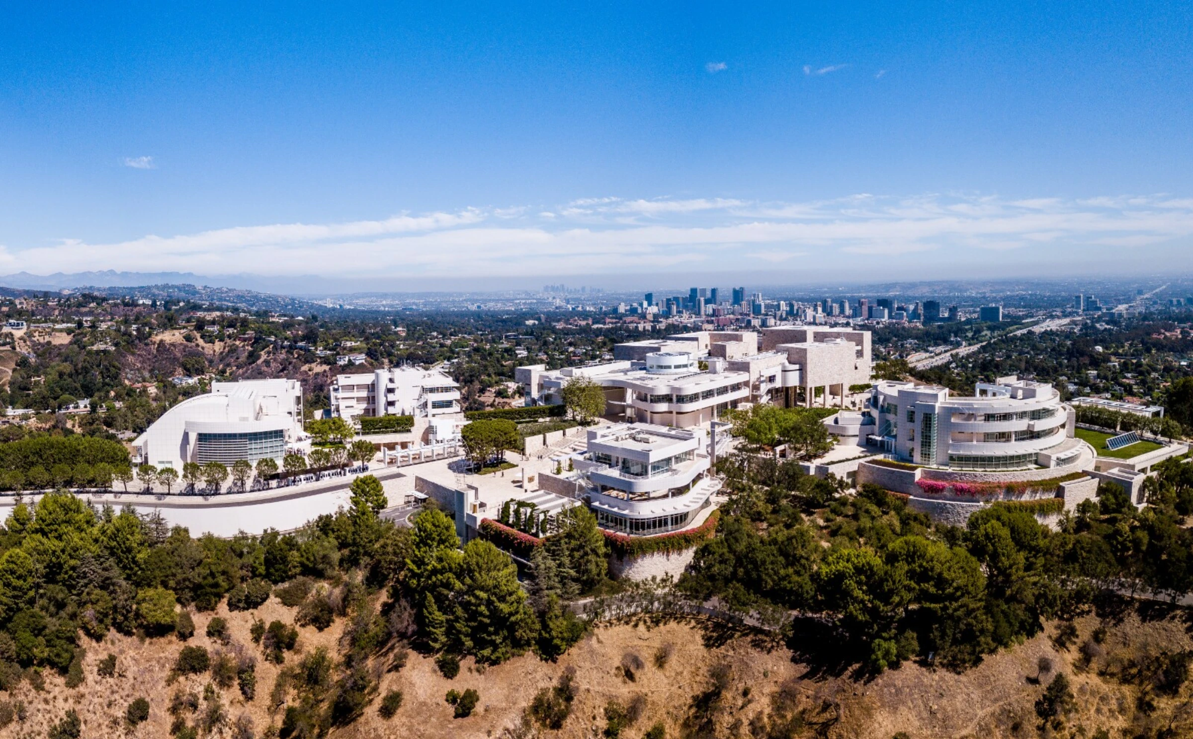 A wide view of the Getty Center campus and surrounding Los Angeles landscape.