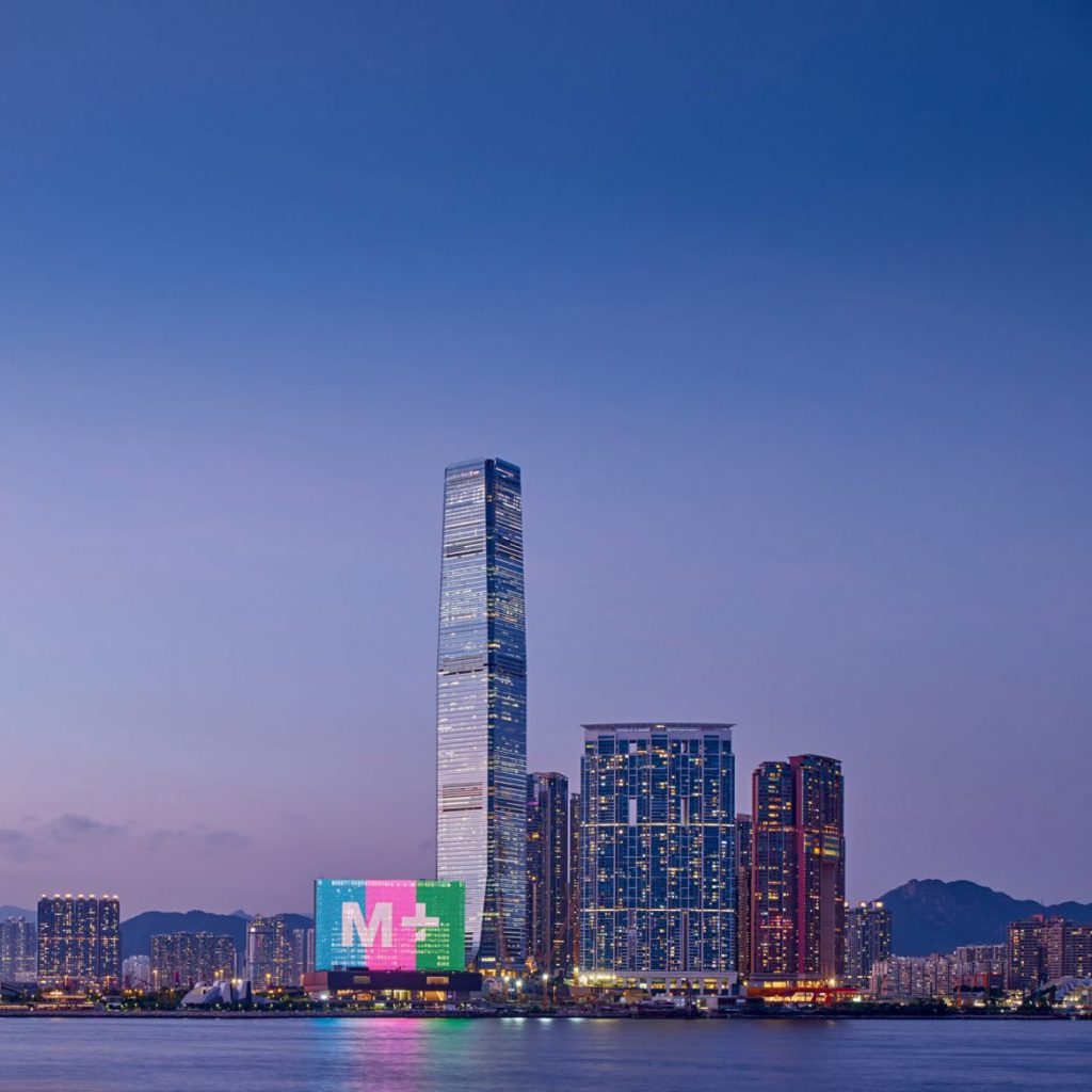 View of Hong Kong’s West Kowloon Cultural District skyline and waterfront cultural complex.