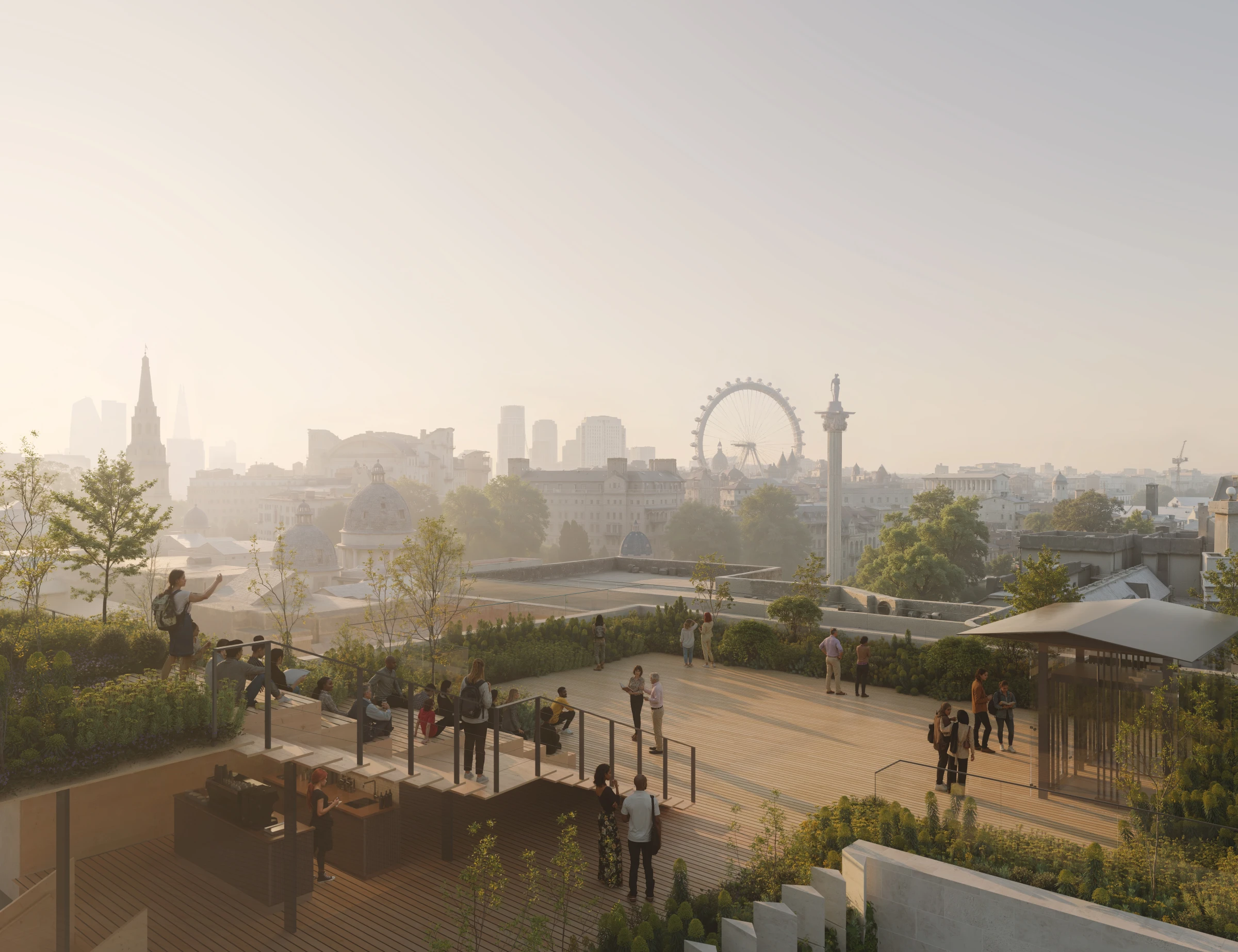 Architectural rendering of a new rooftop and gallery structure for the National Gallery’s Project Domani expansion in London.