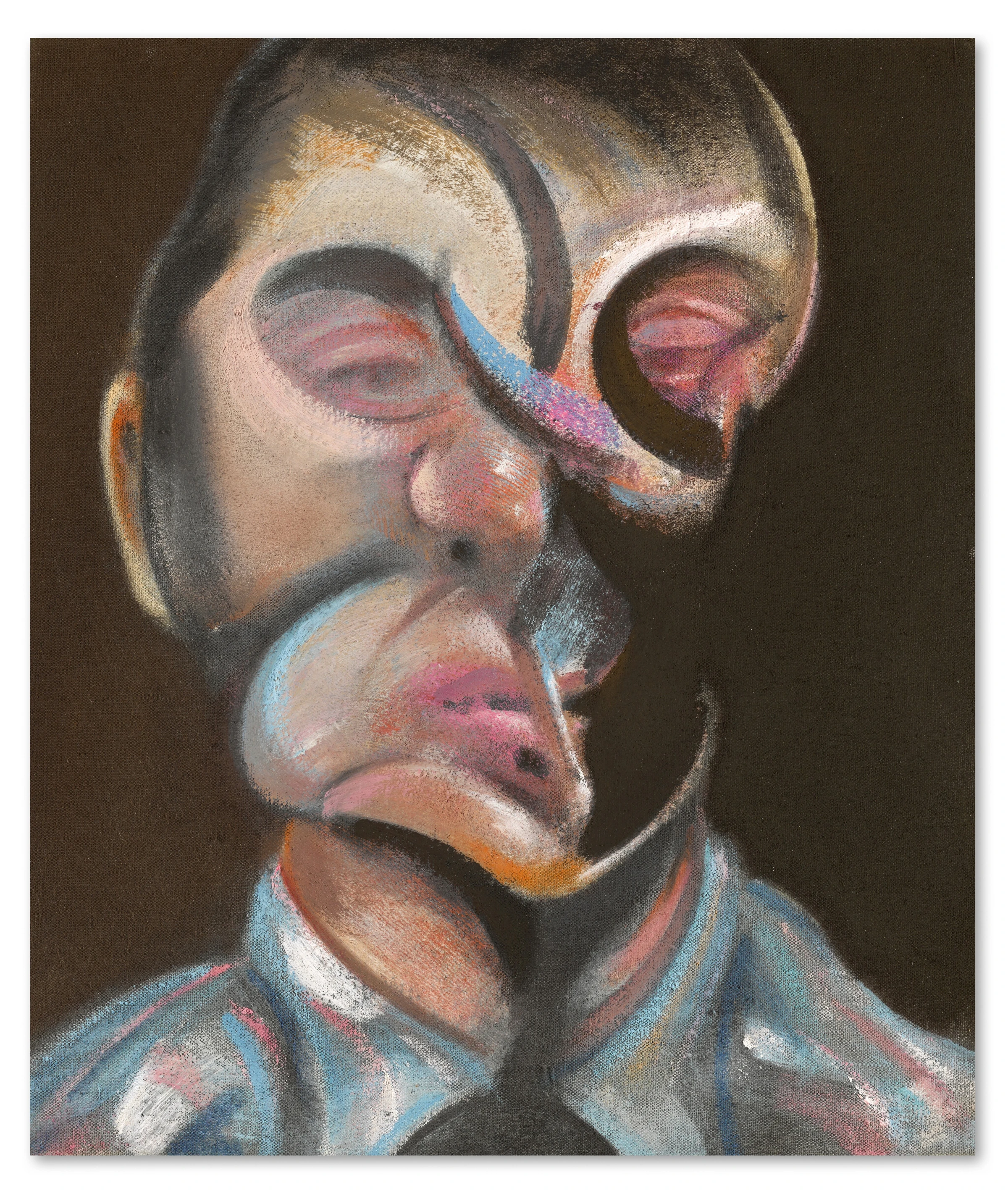 Francis Bacon’s 1972 Self-Portrait, a tightly framed head in dark tones, sold at Sotheby’s London.