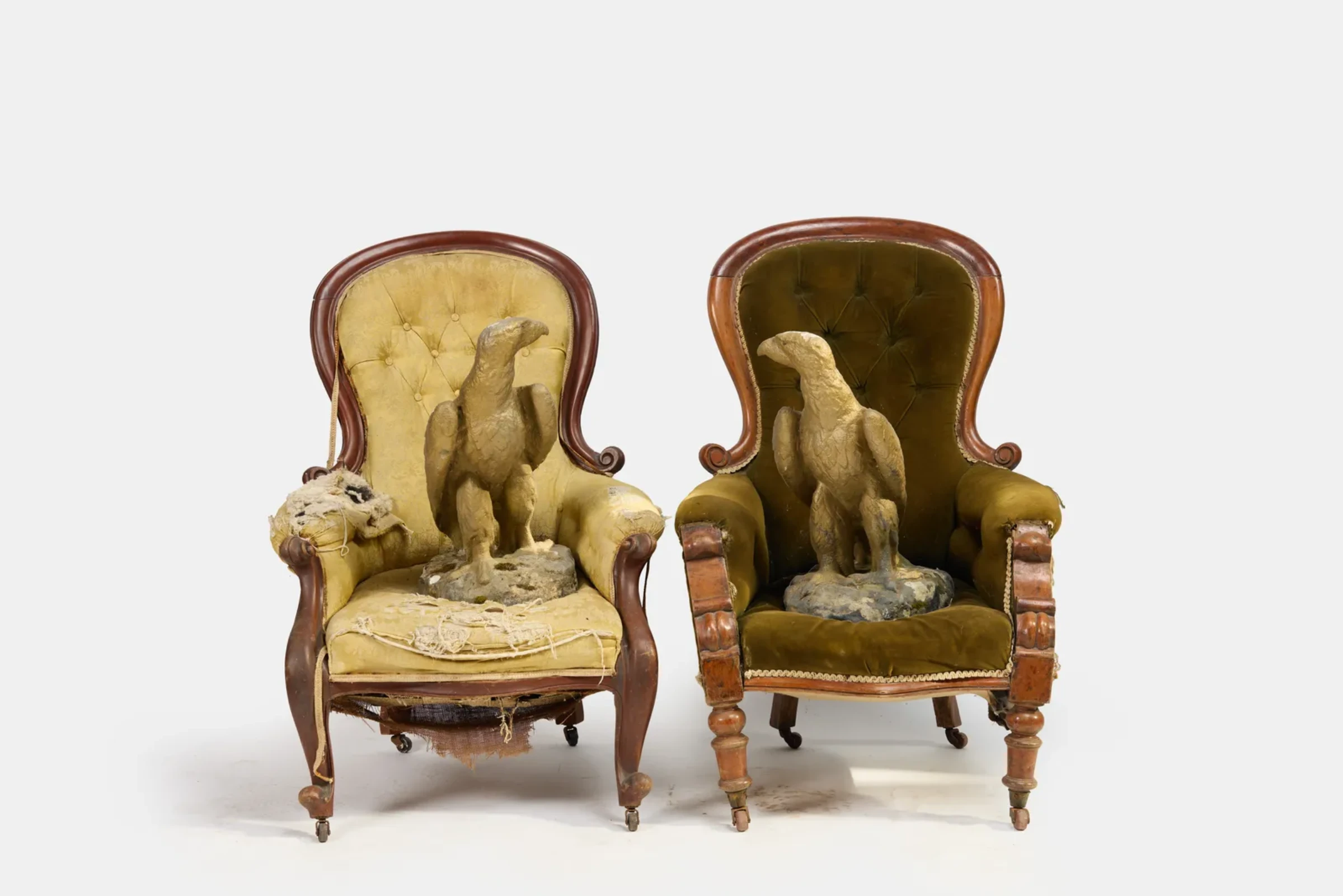 Installation view of Lonnie Holley works at Edel Assanti, including sculptural seating and bird forms.