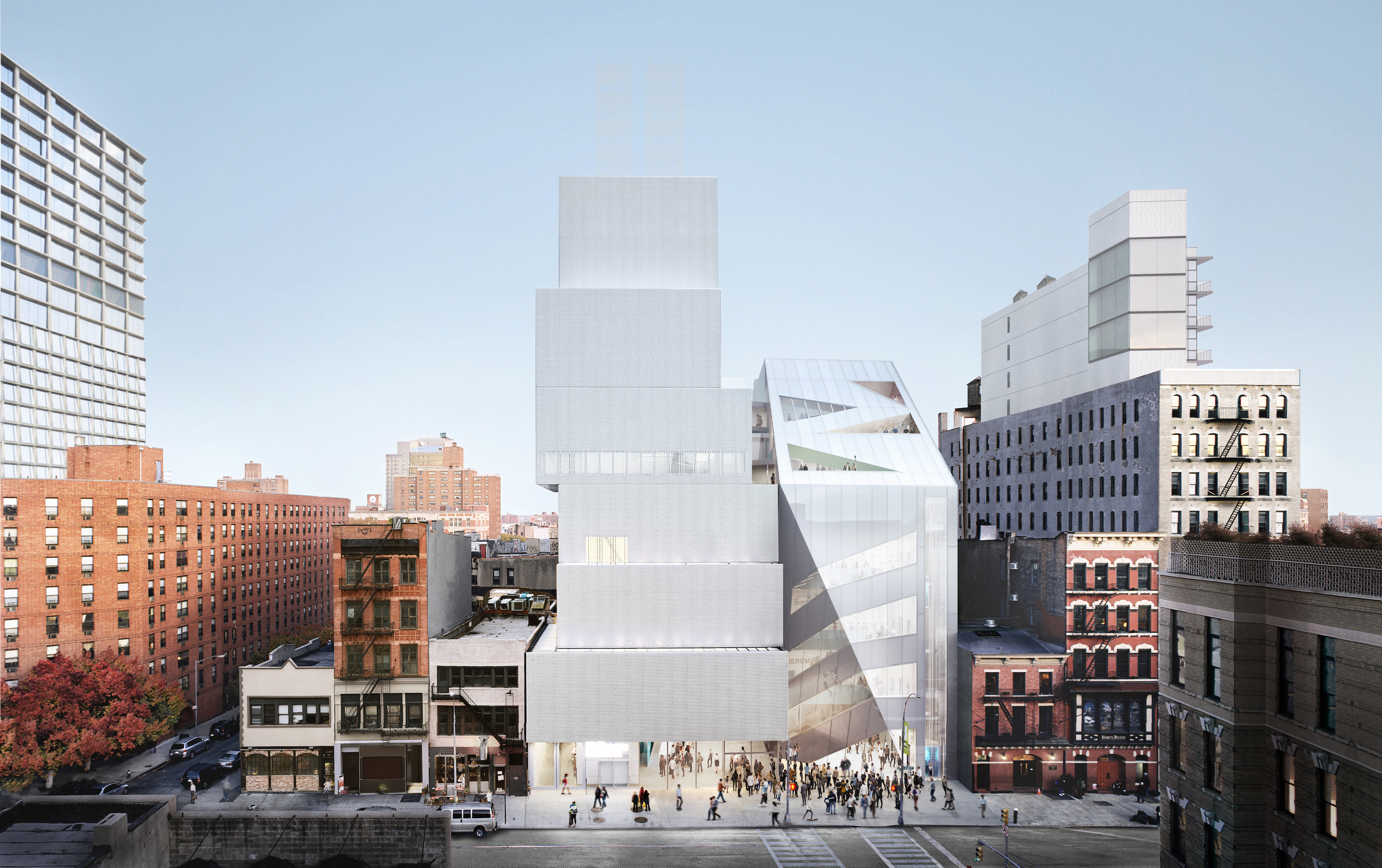 Exterior and upper levels of the New Museum’s expanded building in New York.