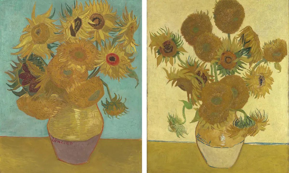 Two Van Gogh Sunflowers paintings displayed side by side for the Philadelphia Museum of Art exhibition