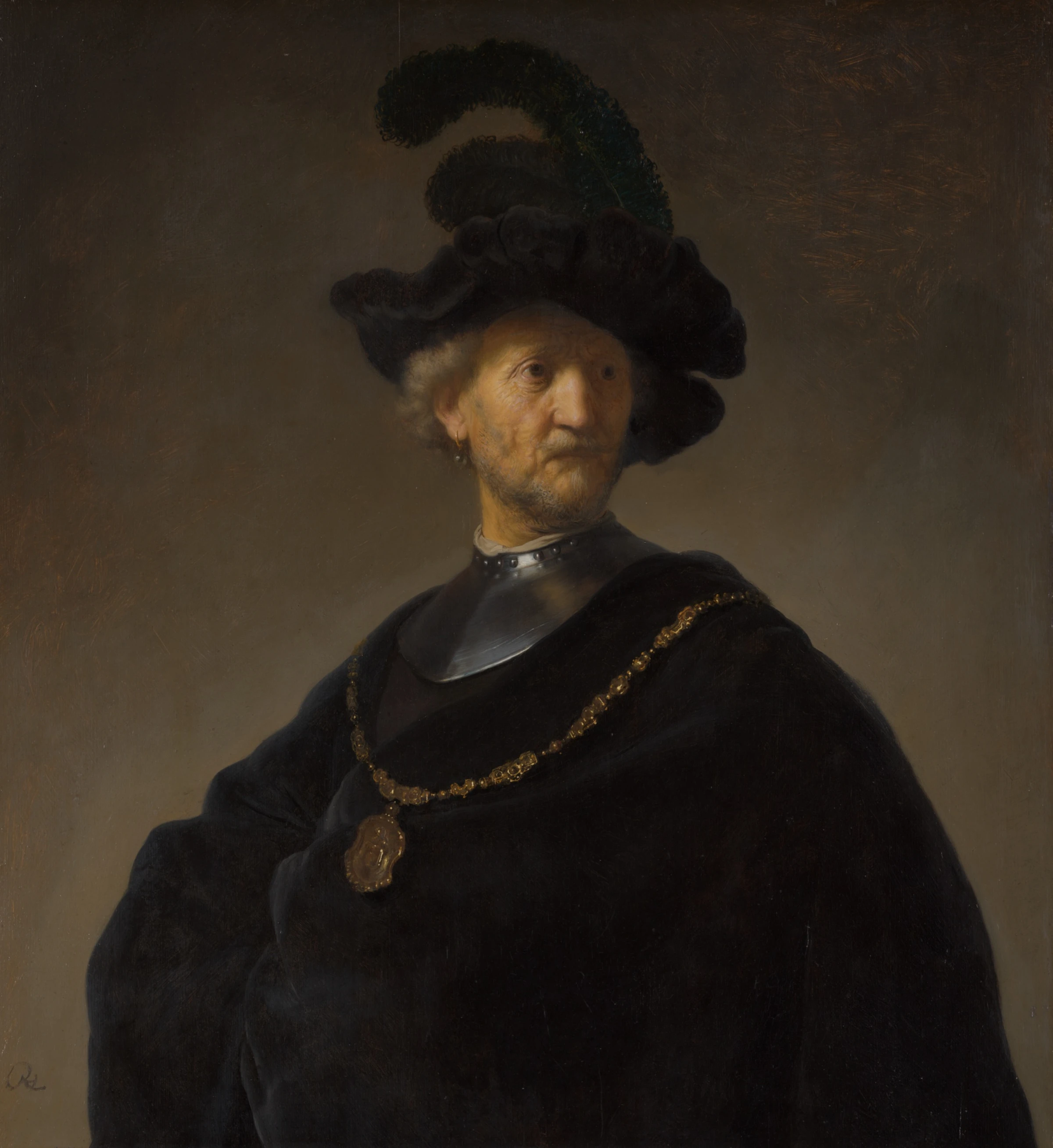Rembrandt’s Old Man with a Gold Chain, a bust-length portrait of an elderly man wearing a dark hat with feathers and a gold chain.
