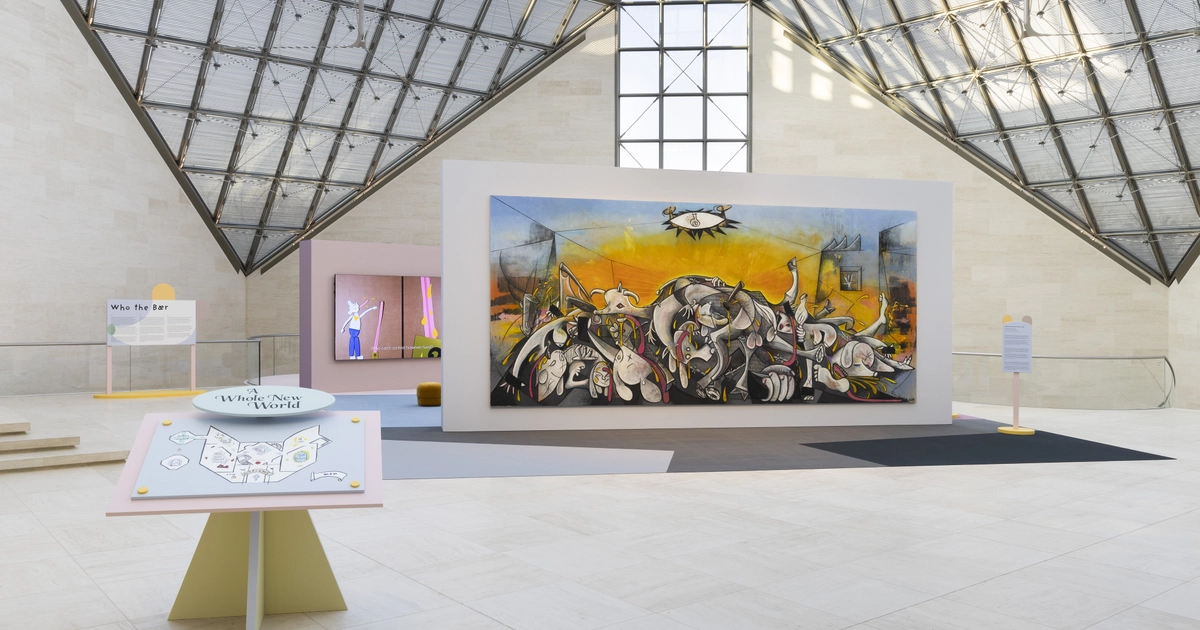Installation view of Simon Fujiwara work featuring the character Who the Baer in a large painted composition.
