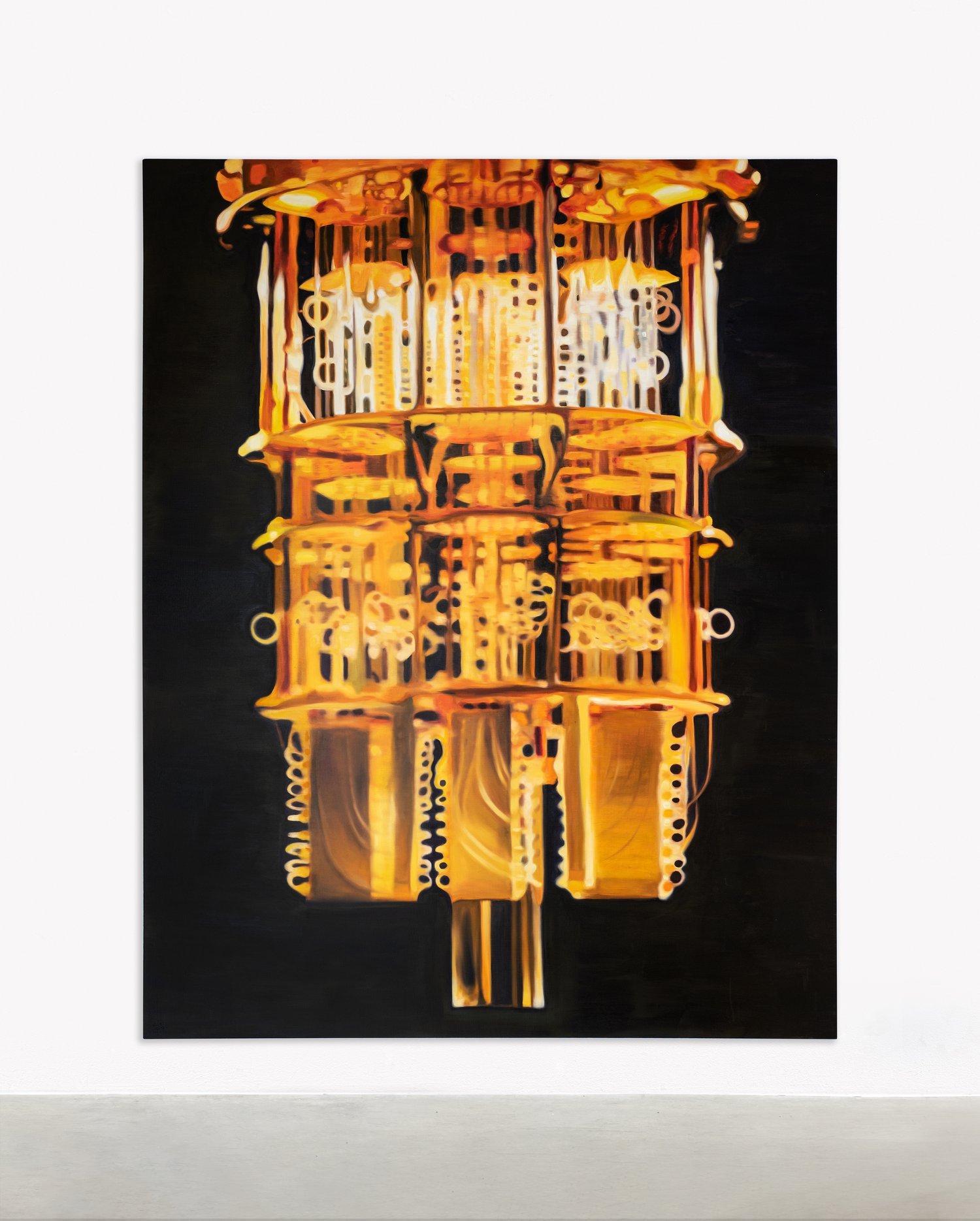 Tan Mu, Quantum Gaze (2023), oil painting of a quantum computer cryostat in luminous gold tones