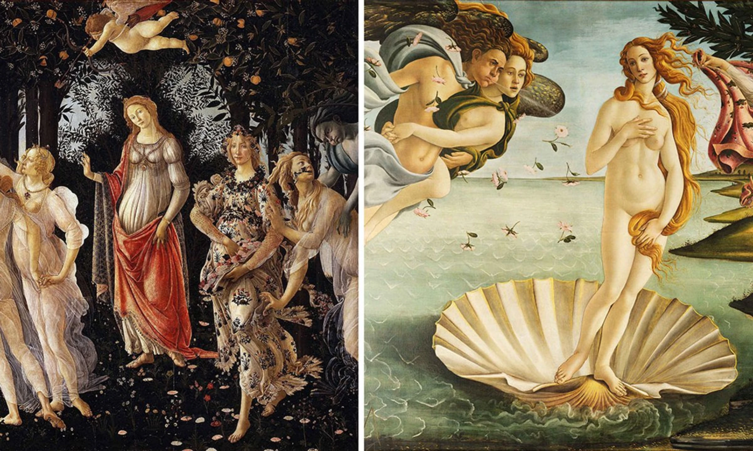 Visitors facing Sandro Botticelli paintings in the refurbished Botticelli rooms at the Uffizi Galleries