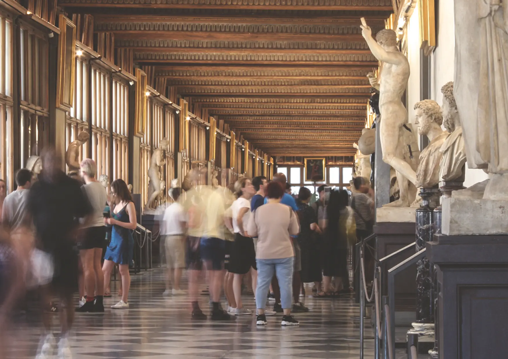Interior corridor view of the Uffizi Galleries in Florence.