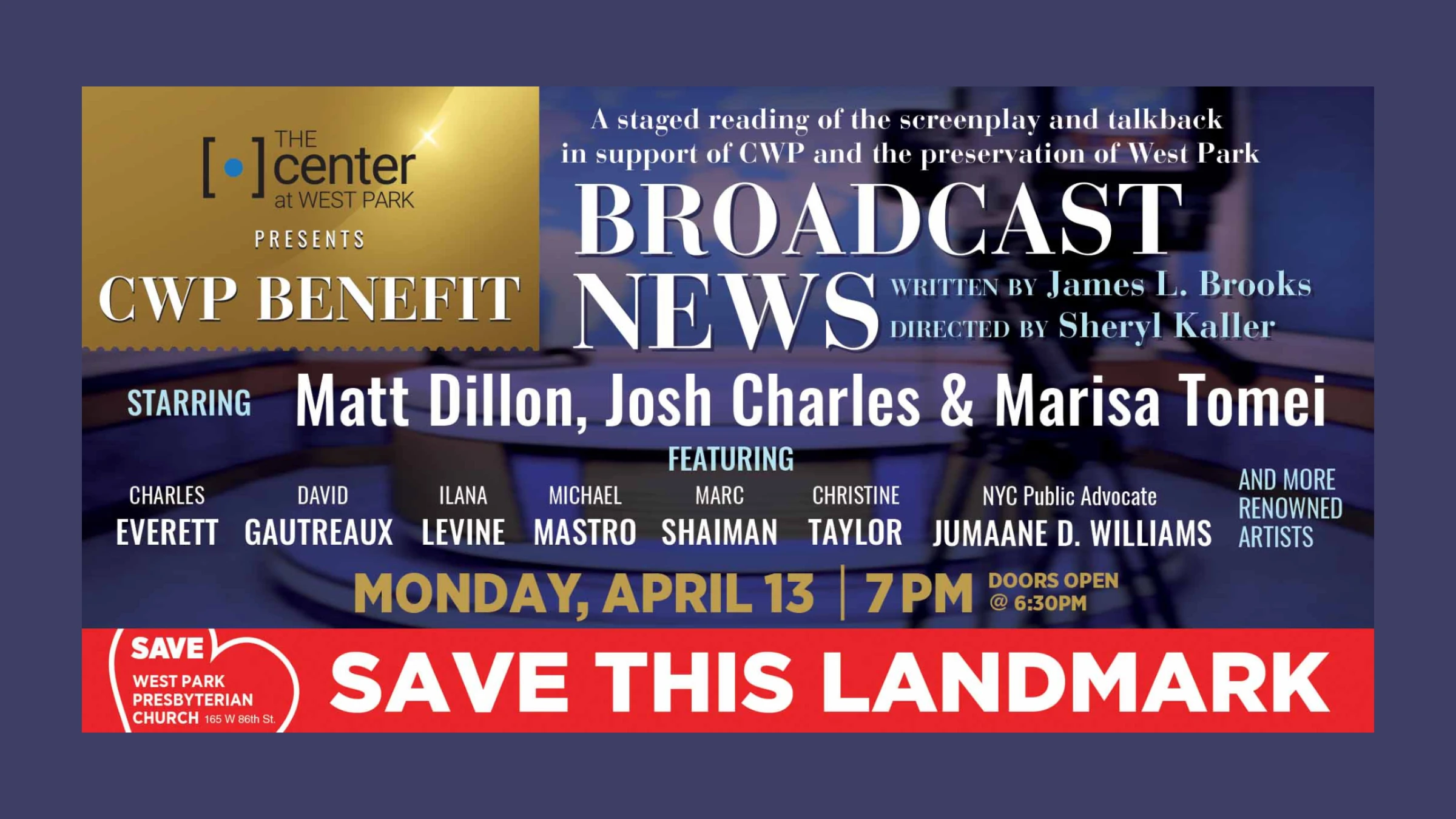 Exterior and interior event view associated with Center at West Park cultural programming in Manhattan.