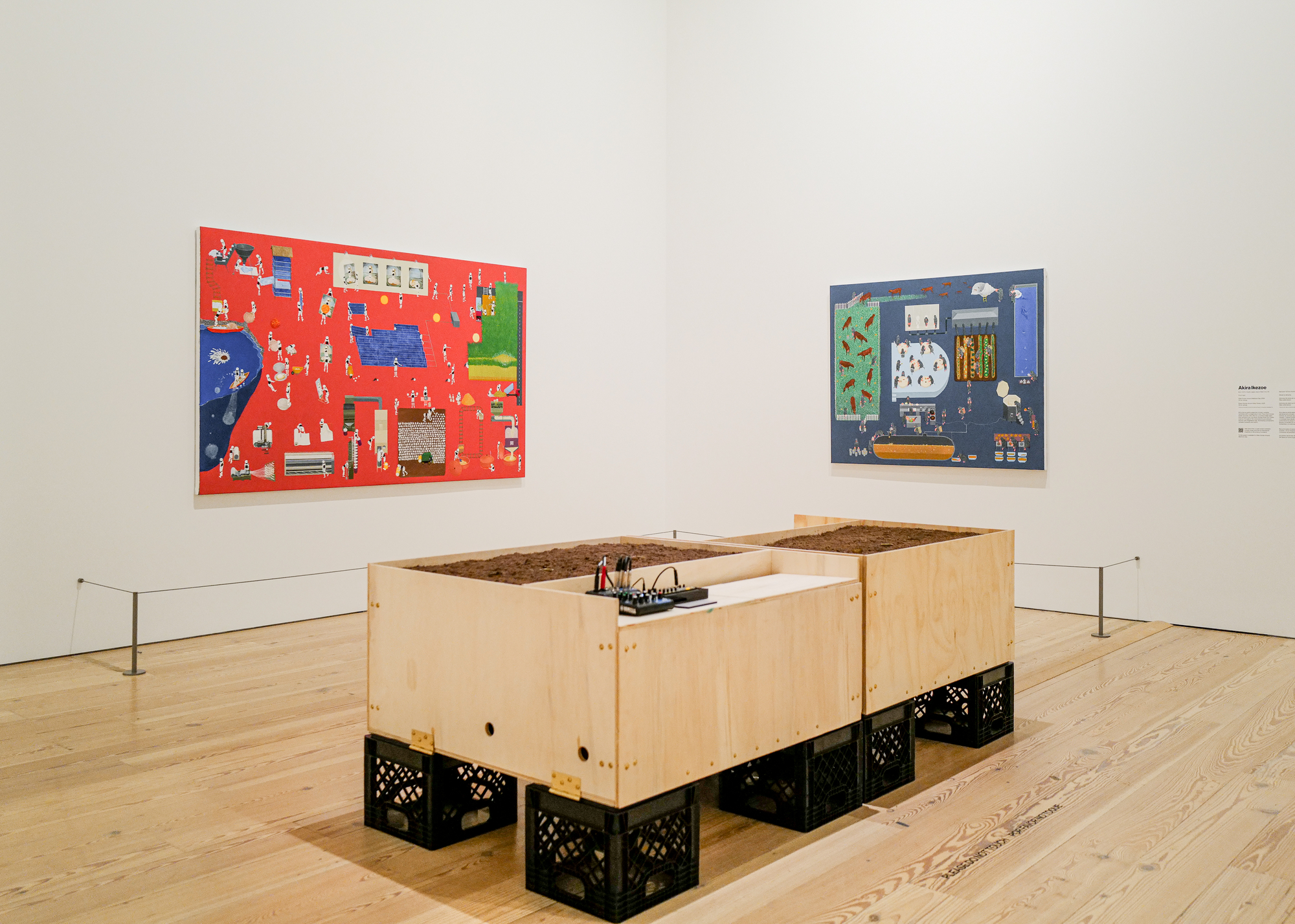 Installation view of the Whitney Biennial 2026 featuring a large white horse sculpture at the Whitney Museum of American Art